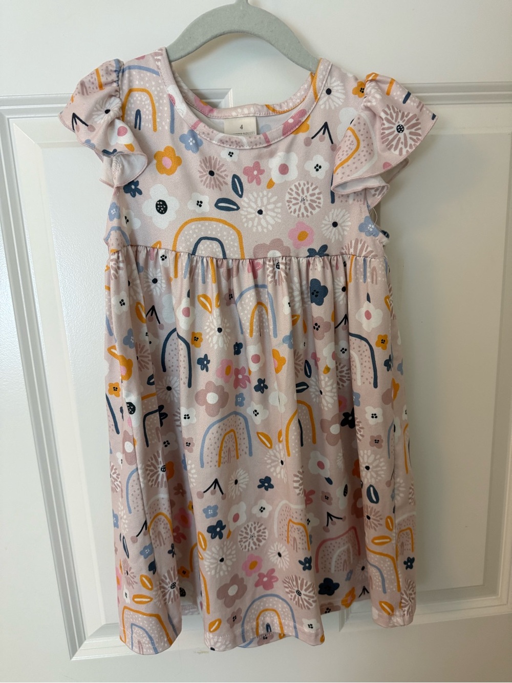 Girls' Pink Floral Rainbow Flutter-Sleeve Dress